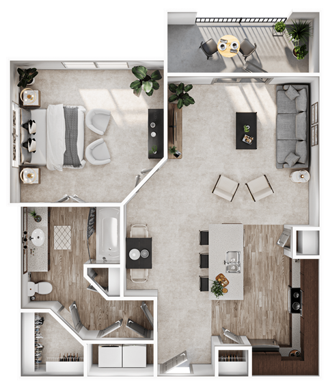 a rendering of the 1 bedroom floor plan of our apartments